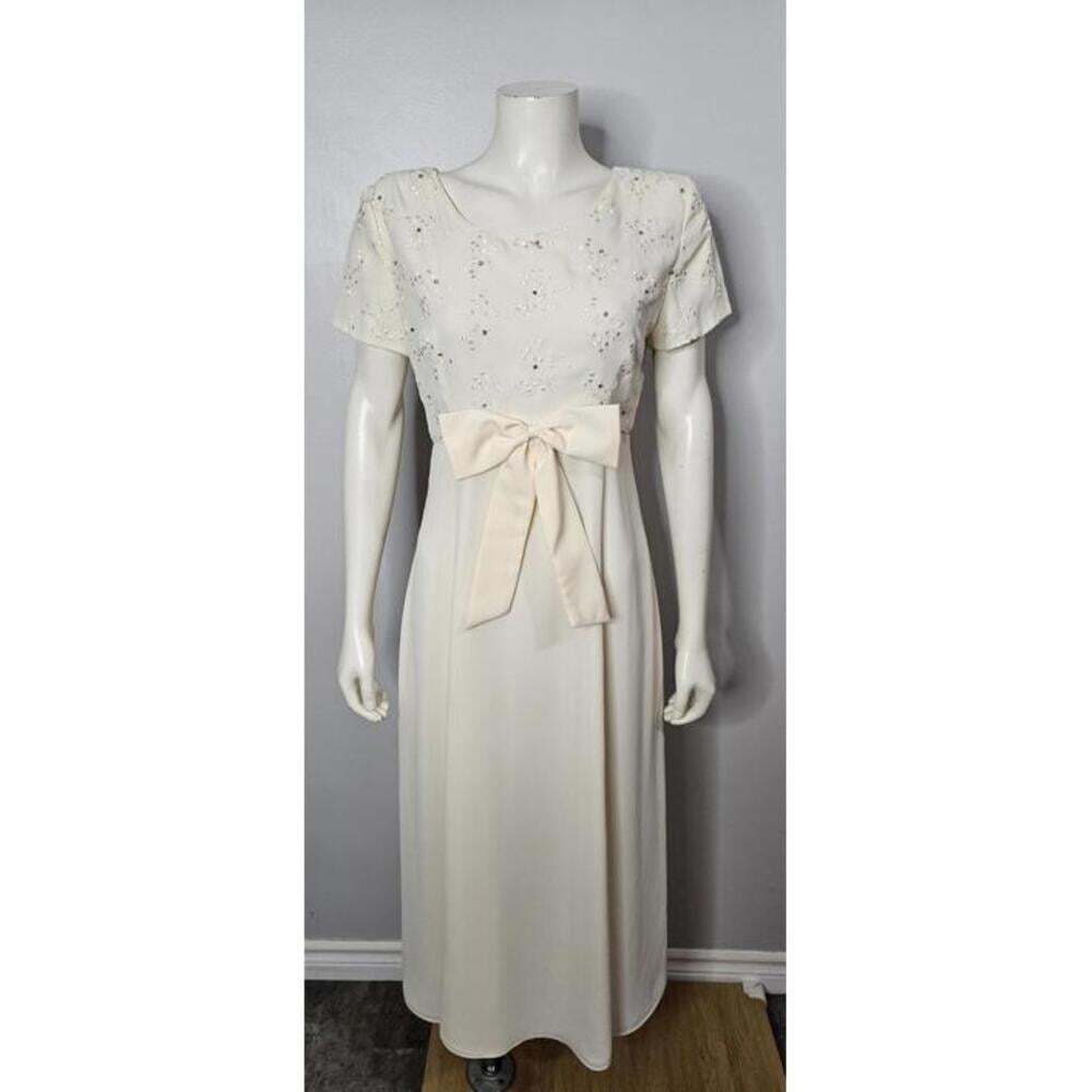 Vintage 1990s Wedding Dress, Casual Gown, Ivory, Embroidered, Rhinestone, Bow